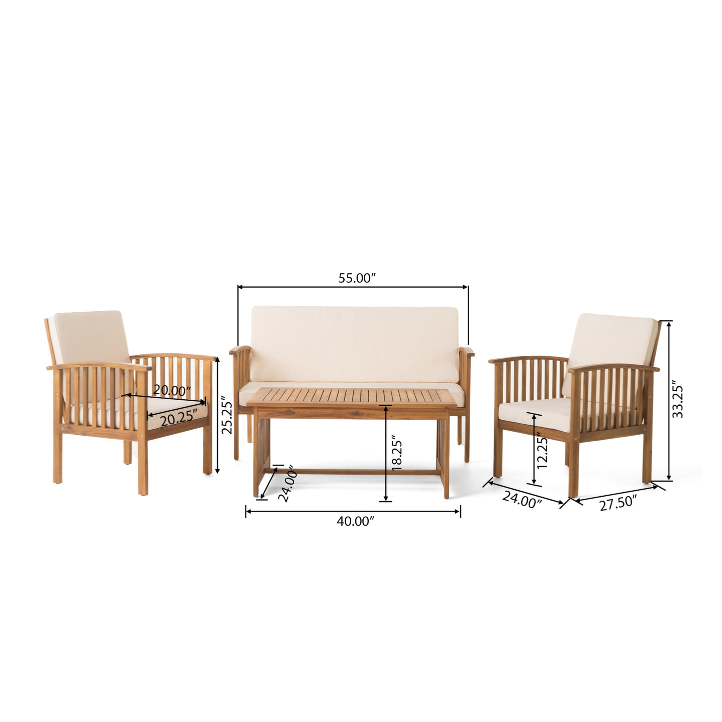 Fortune Candy 4 Pieces Indoor/Outdoor Acacia Wood Sofa Set with Cushions, Brown Conversation Furniture