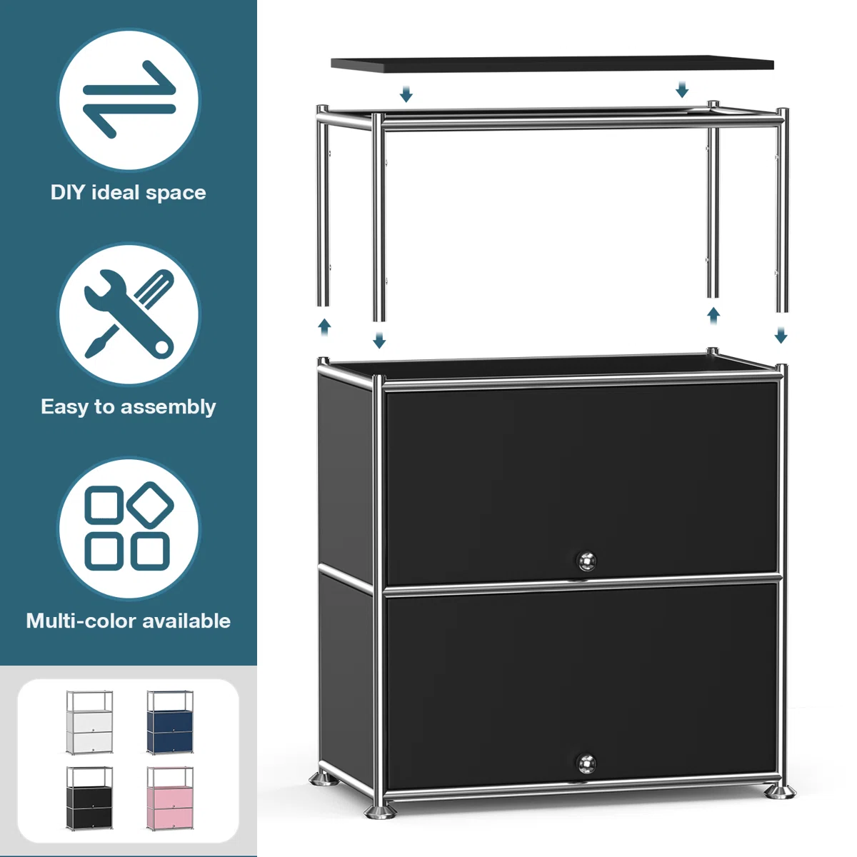 Fortune Candy 3 Tier Modular Metal Storage Cabinet, Modern Grid-Style Organizer for Dining Room, Living Room or Office, Black
