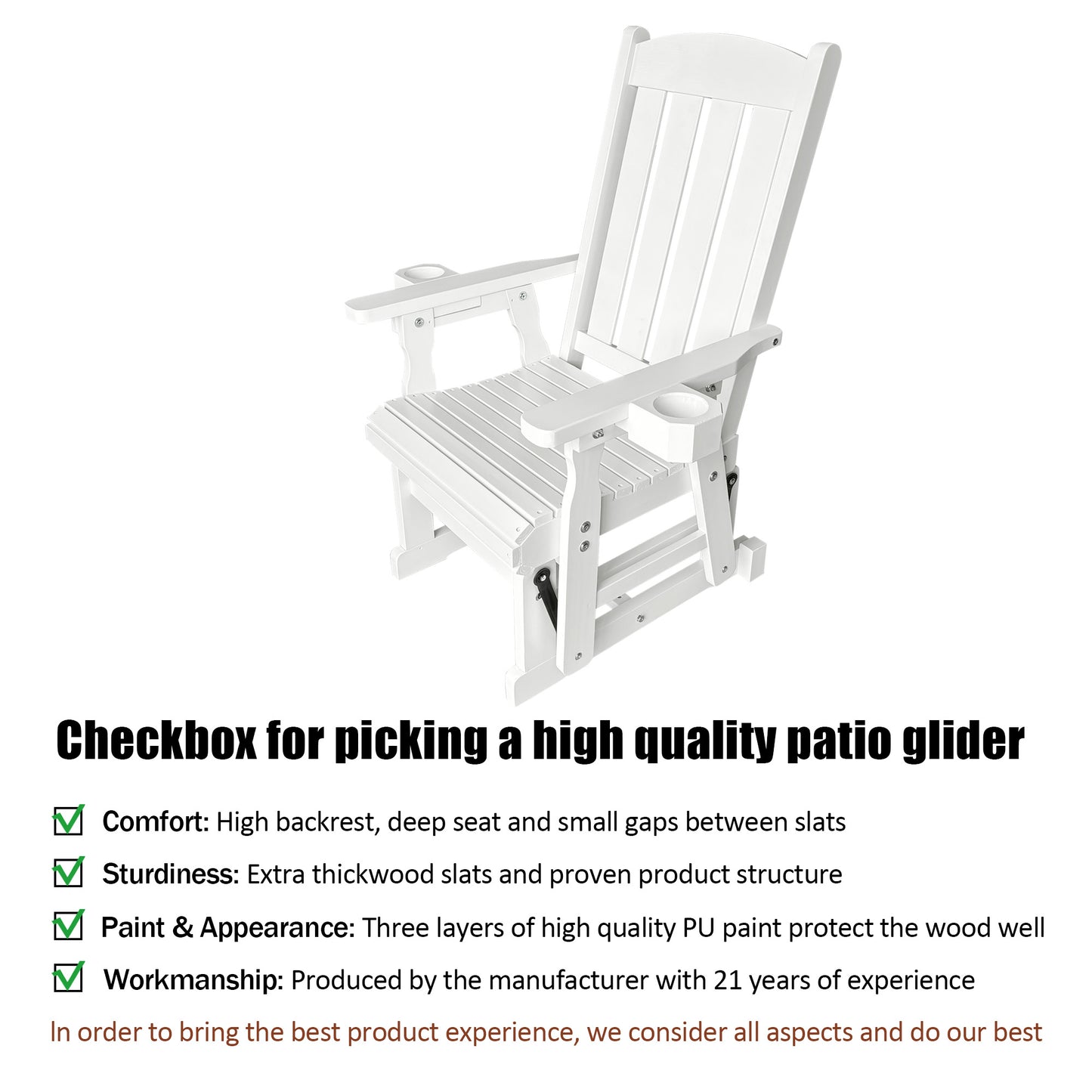 Fortune Candy 1-Person Outdoor Wooden Glider Chair, Solid Fir Wood, Heavy-Duty 600 lb, White, for Patio & Porch
