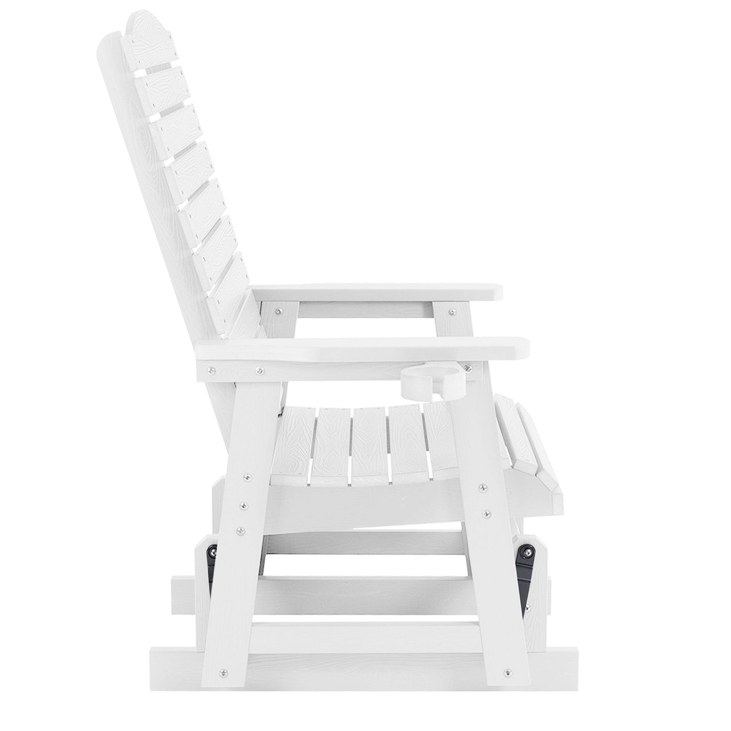 Poly Lumber Patio Glider for One Person, with Cup Holders, High Backrest and Deep Contoured Seat, HIPS Material, All-Weather Resistant, Heavy Duty 700 Pounds (White)