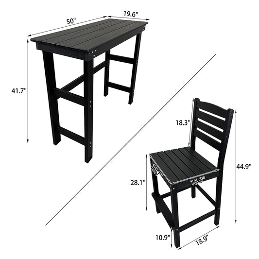 HDPE Patio Bar Set, Outdoor Bar Stools with Table, Weather Resistant, for Poolside, Garden, Yard, Balcony (Black, 3 Piece with Backrest)
