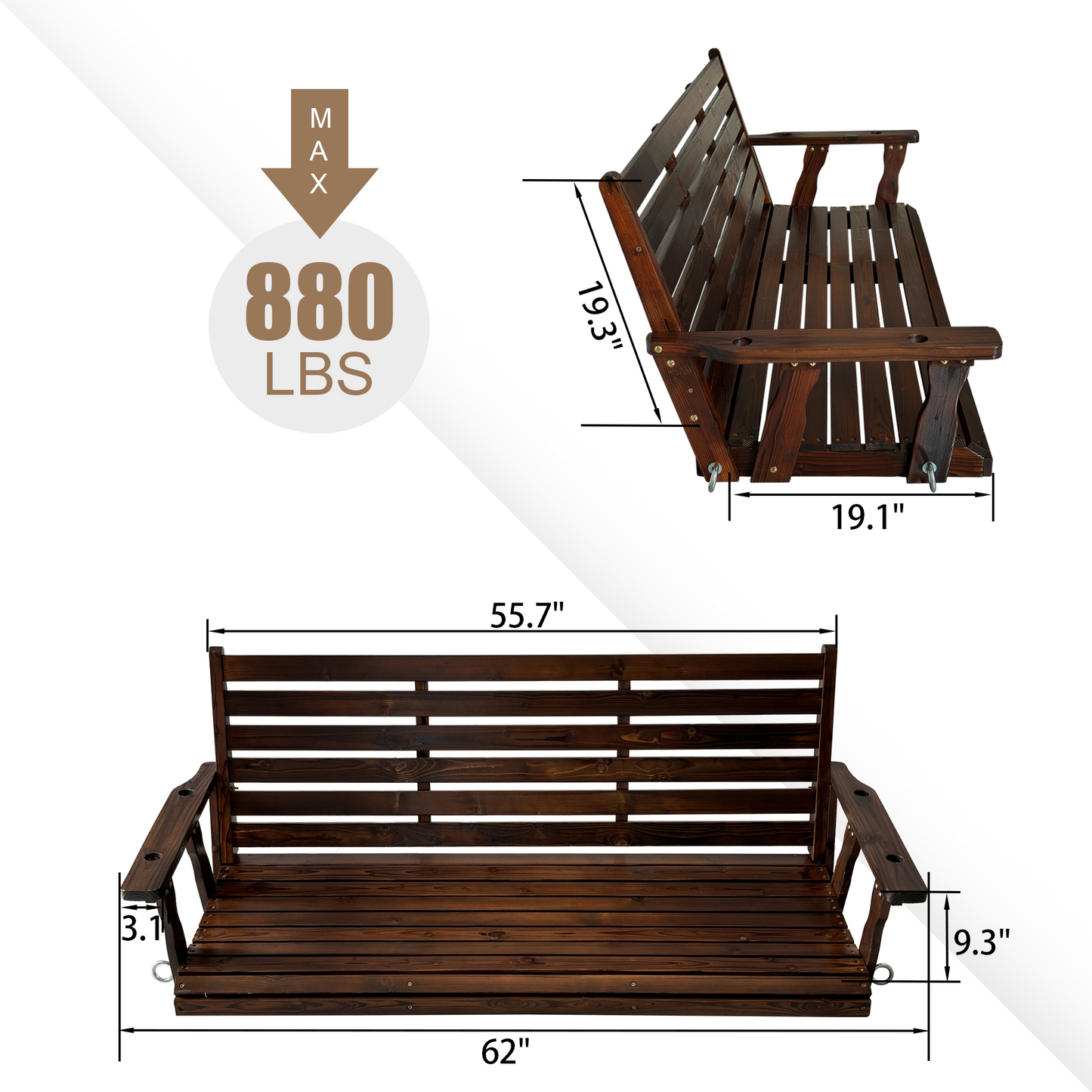 Fortune Candy 5 ft. Wooden Porch Swing 3-Seater for Outdoor Patio Garden Yard (Deep Brown)