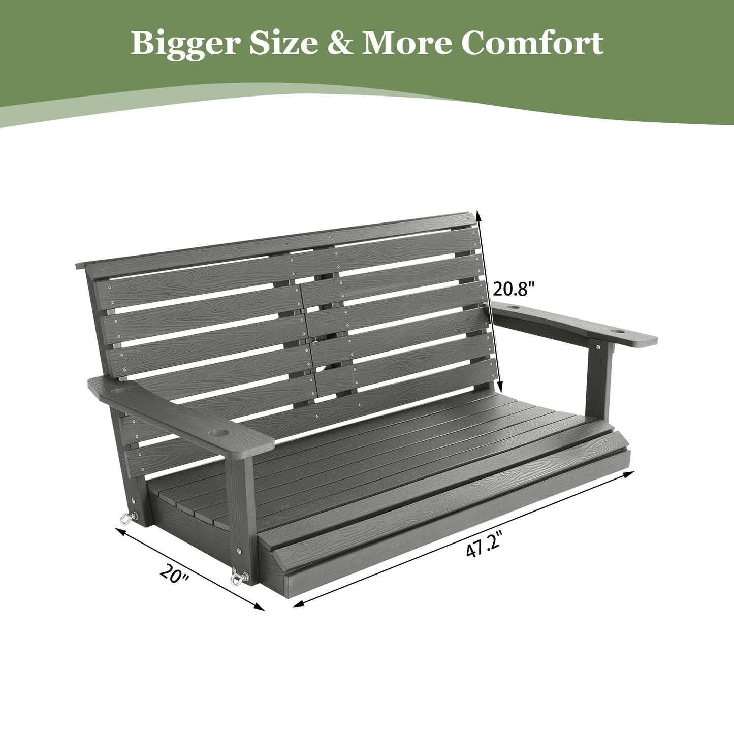Poly Lumber 2-Seat Porch Swing, HIPS 4.5-Feet Bench Swing with Foldable Cup Holders,18/8 Stainless Steel Hardware, High Backrest and Deep Contoured Seat (Gray, 4.5-feet)