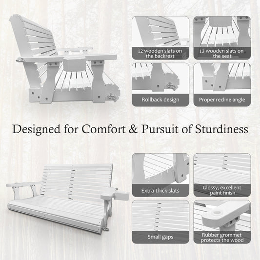 Fortune Candy 4 ft. Wooden Porch Swing 2-Seater for Outdoor Patio Garden Yard (White)