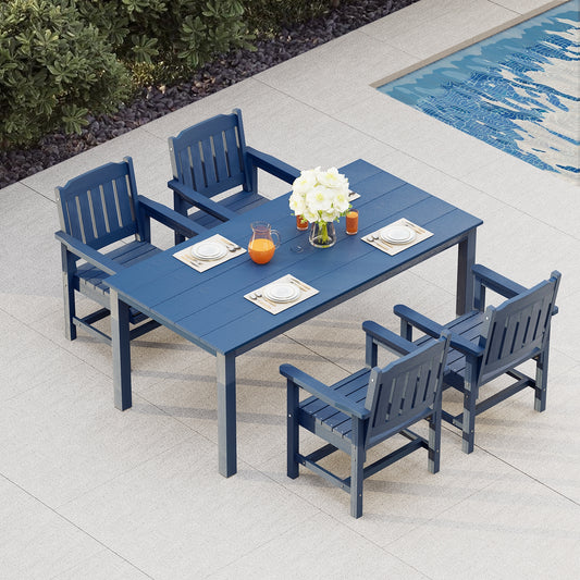 Fortune Candy 5 PCS Poly Lumber Outdoor Patio Dining Set, 70.9 in. Table with Umbrella Hole and Slat-Back Chairs, Navy Blue