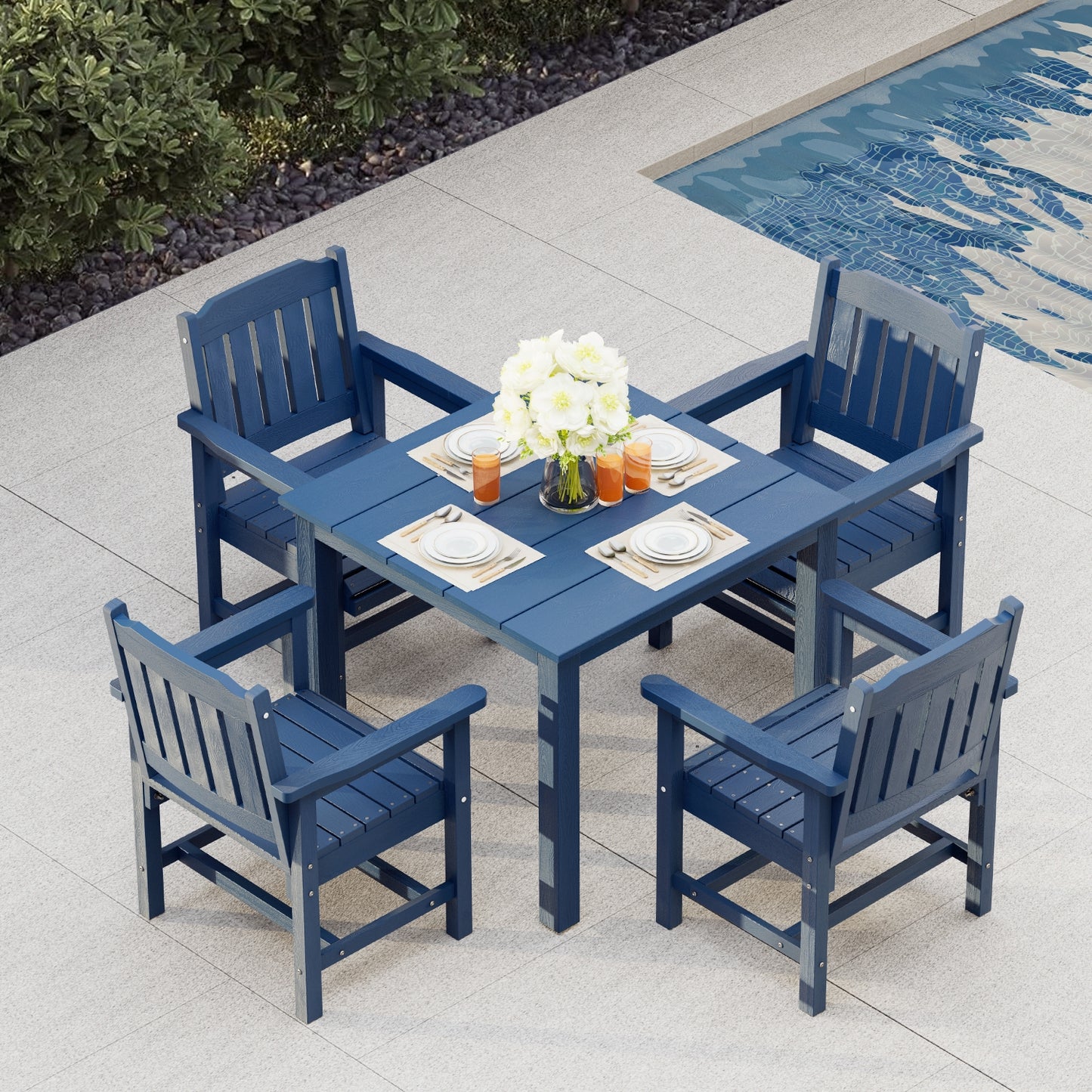 Fortune Candy 5 PCS Poly Lumber Outdoor Patio Dining Set, 36.2 in. Table with Umbrella Hole and Slat-Back Chairs, Navy Blue