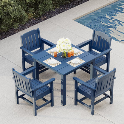 Fortune Candy 5 PCS Poly Lumber Outdoor Patio Dining Set, 36.2 in. Table with Umbrella Hole and Slat-Back Chairs, Navy Blue