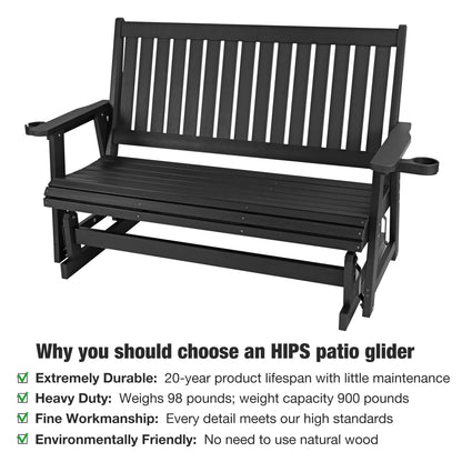 HIPS Patio Glider with Cup Holders, All-Weather Resistant, High Backrest and Deep Contoured Seat, Heavy Duty 900 LB (3 Seat - Carbon Black)