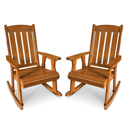 Wooden Patio Rocking Chair with Comfortable Backrest Inclination, High Backrest and Deep Contoured Seat, Solid Fir Wood, Heavy Duty 600 LBS (Natural, 2 Pieces)