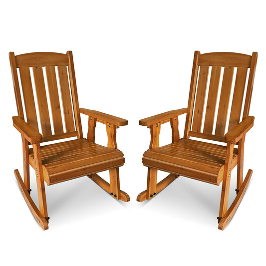Wooden Patio Rocking Chair with Comfortable Backrest Inclination, High Backrest and Deep Contoured Seat, Solid Fir Wood, Heavy Duty 600 LBS (Natural, 2 Pieces)