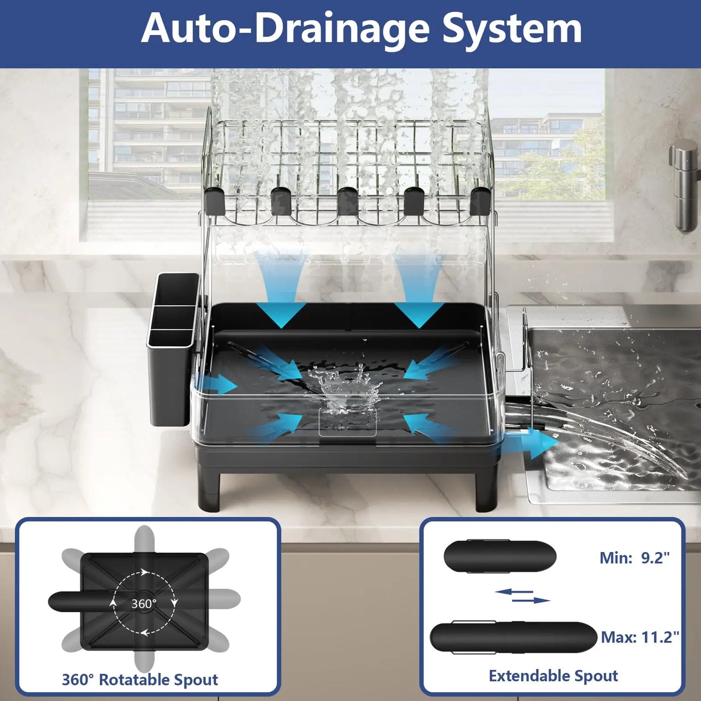 Fortune Candy 2-Tier Stainless Steel Dish Drying Rack for Kitchen Counter, Large Dish Rack with Utensil Holder and Rotating Drain Spout