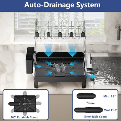 Fortune Candy 2-Tier Stainless Steel Dish Drying Rack for Kitchen Counter, Large Dish Rack with Utensil Holder and Rotating Drain Spout