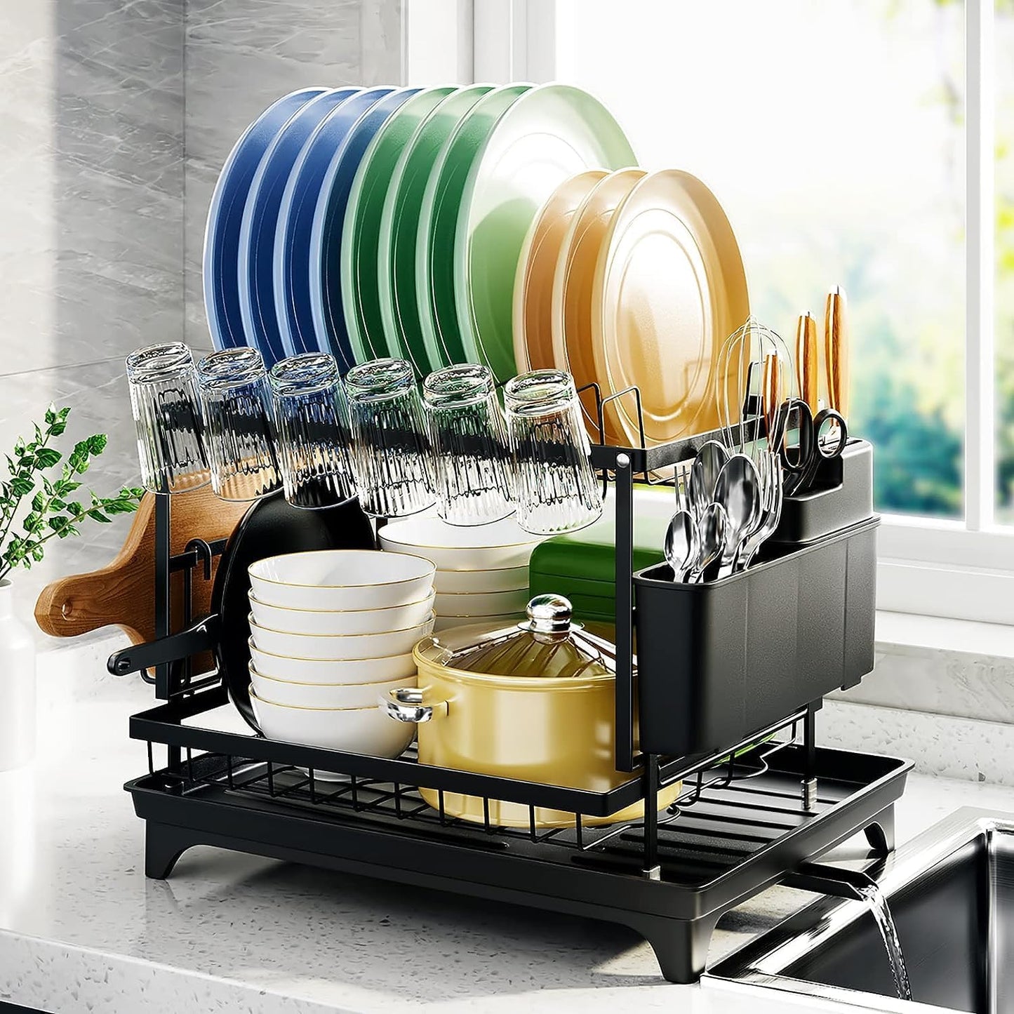 Fortune Candy 11.41'' Tall 2 Tier Dish Drying Rack, Large apacity, Black