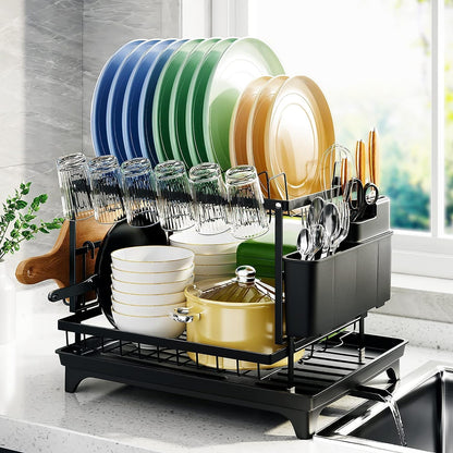 Fortune Candy 11.41'' Tall 2 Tier Dish Drying Rack, Large apacity, Black