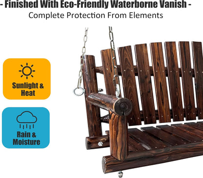 5FT Rustic Log Wooden Porch Swing, Heavy-Duty 900 LBS, Outdoor Hanging Bench for Patio, Garden, Yard – Solid Fir Wood, Handcrafted, Weather-Resistant Finish (Rustic, 5-feet)