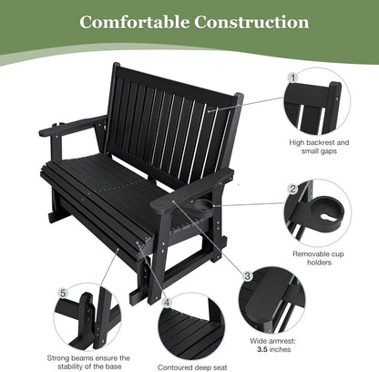 HIPS Patio Glider Two-Seat with Cup Holders, Durable HIPS Material, All-Weather Resistant, High Backrest and Deep Contoured Seat, Heavy Duty 900 LB, for Outdoor, Porch, Patio (Vanta Black)