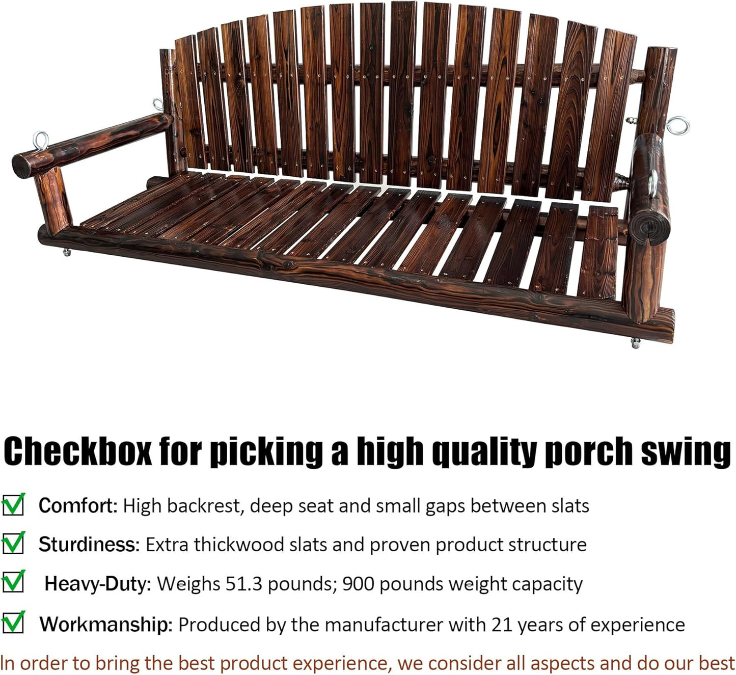 5FT Rustic Log Wooden Porch Swing, Heavy-Duty 900 LBS, Outdoor Hanging Bench for Patio, Garden, Yard – Solid Fir Wood, Handcrafted, Weather-Resistant Finish (Rustic, 5-feet)