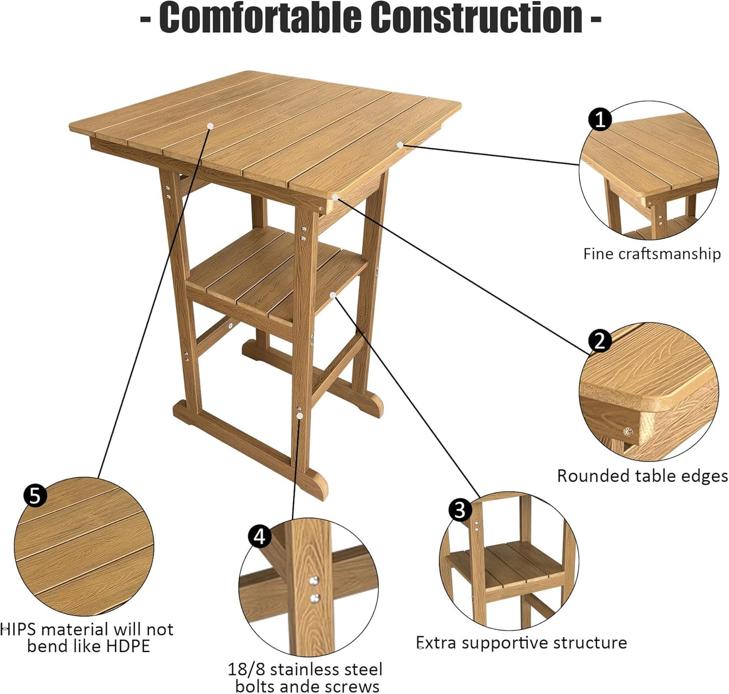 Poly Lumber Patio Bar Set, PE Rattan Outdoor Bar Stools with HIPS Table, Weather Resistant, for Poolside, Garden, Yard, Balcony (Teak Tone, 3 Piece)