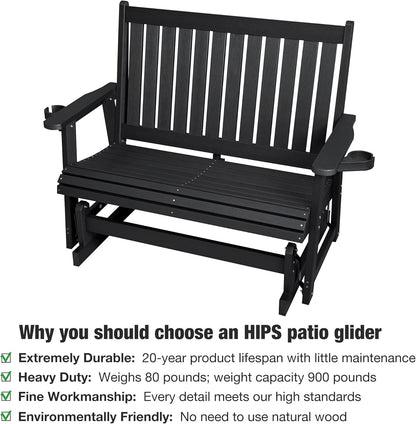 HIPS Patio Glider Two-Seat with Cup Holders, Durable HIPS Material, All-Weather Resistant, High Backrest and Deep Contoured Seat, Heavy Duty 900 LB, for Outdoor, Porch, Patio (Vanta Black)