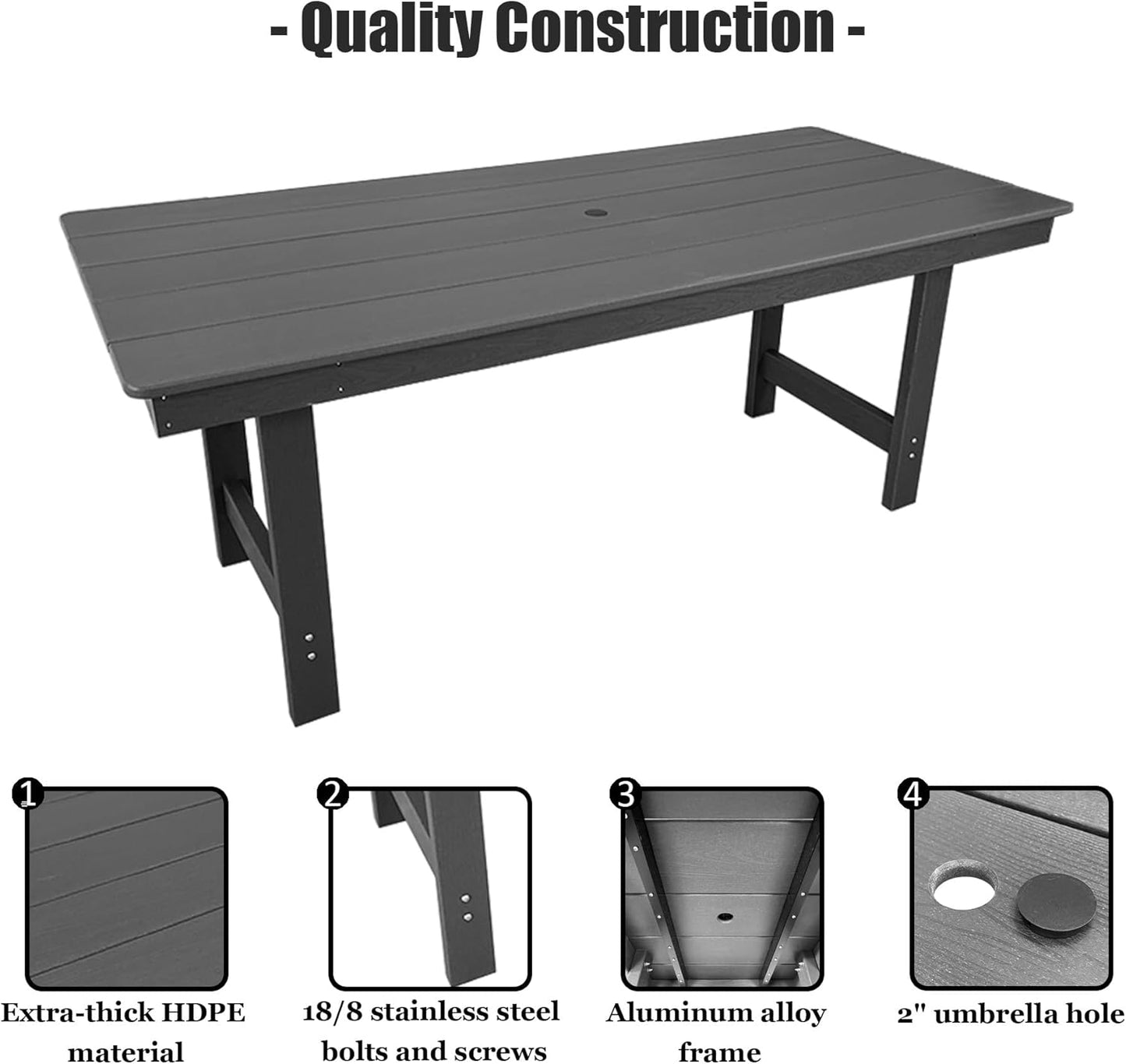 Modern HDPE Patio Dining Set, Poly Lumber Table and Chair, with Umbrella Hole, Weather Resistant, for Outdoor, Garden, Yard, Lawn