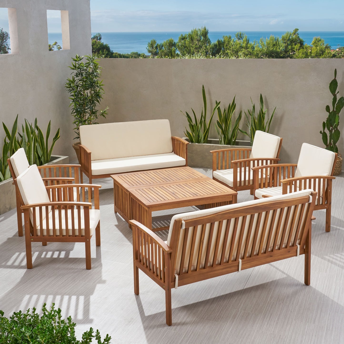 Fortune Candy 8 Pieces Indoor/Outdoor Acacia Wood Sofa Set with Cushions, Brown Conversation Furniture