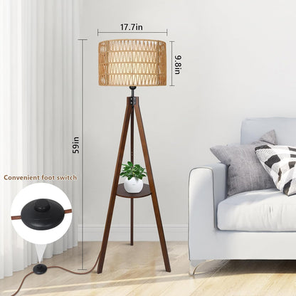 Fortune Candy 59'' Tall Boho Tripod Floor Lamp with Shelves, Mid-Century Modern Wood Standing Lamp with Rattan and Fabric Shades for Home