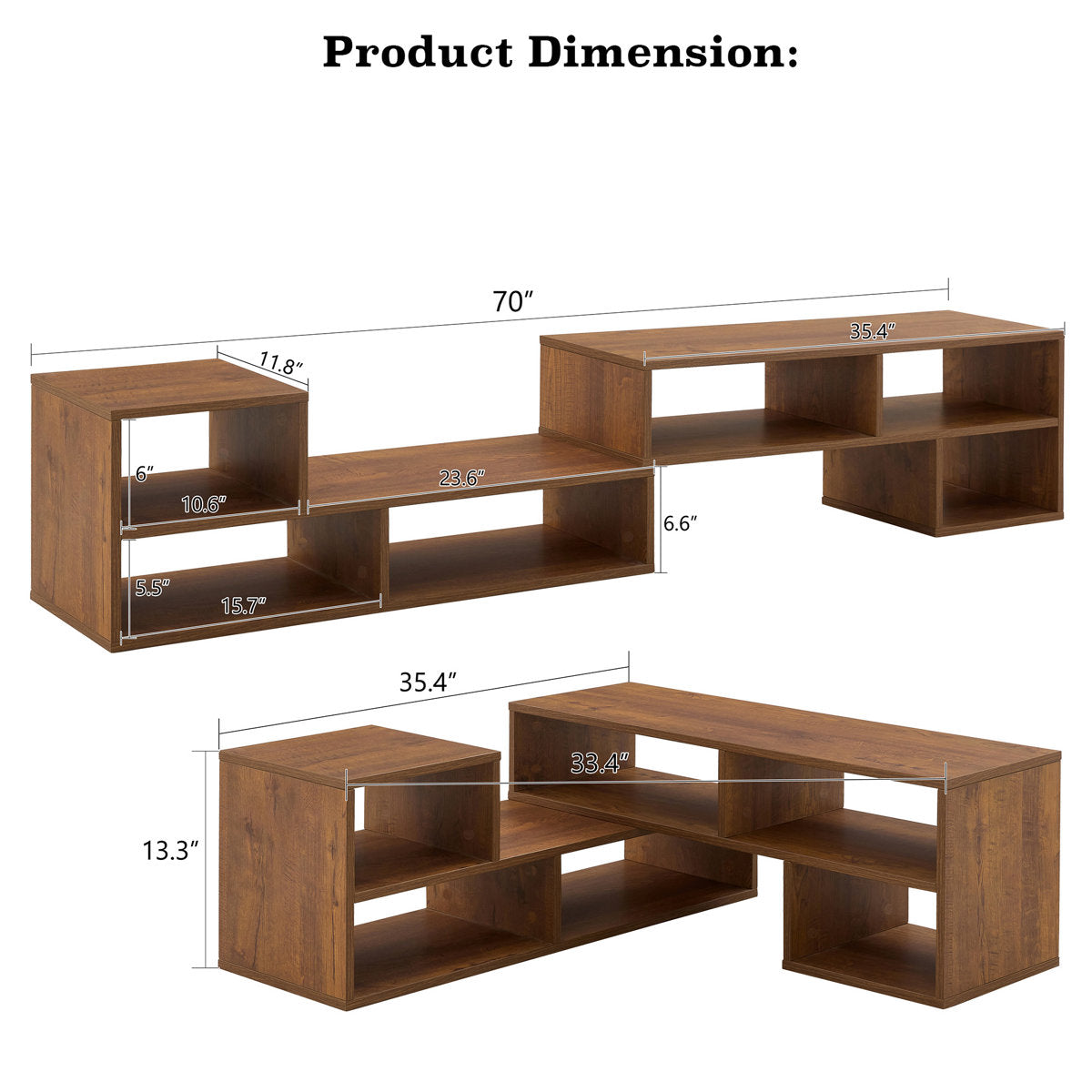 Fortune Candy L-Shaped Adjustable TV Stand for TVs up to 70'', MDF Entertainment Center with Open Shelves for Living Room or Apartment, Walnut