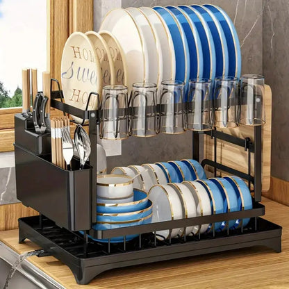 Fortune Candy 11.41'' Tall 2 Tier Dish Drying Rack, Large apacity, Black