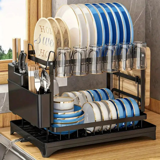 Fortune Candy 11.41'' Tall 2 Tier Dish Drying Rack, Large apacity, Black