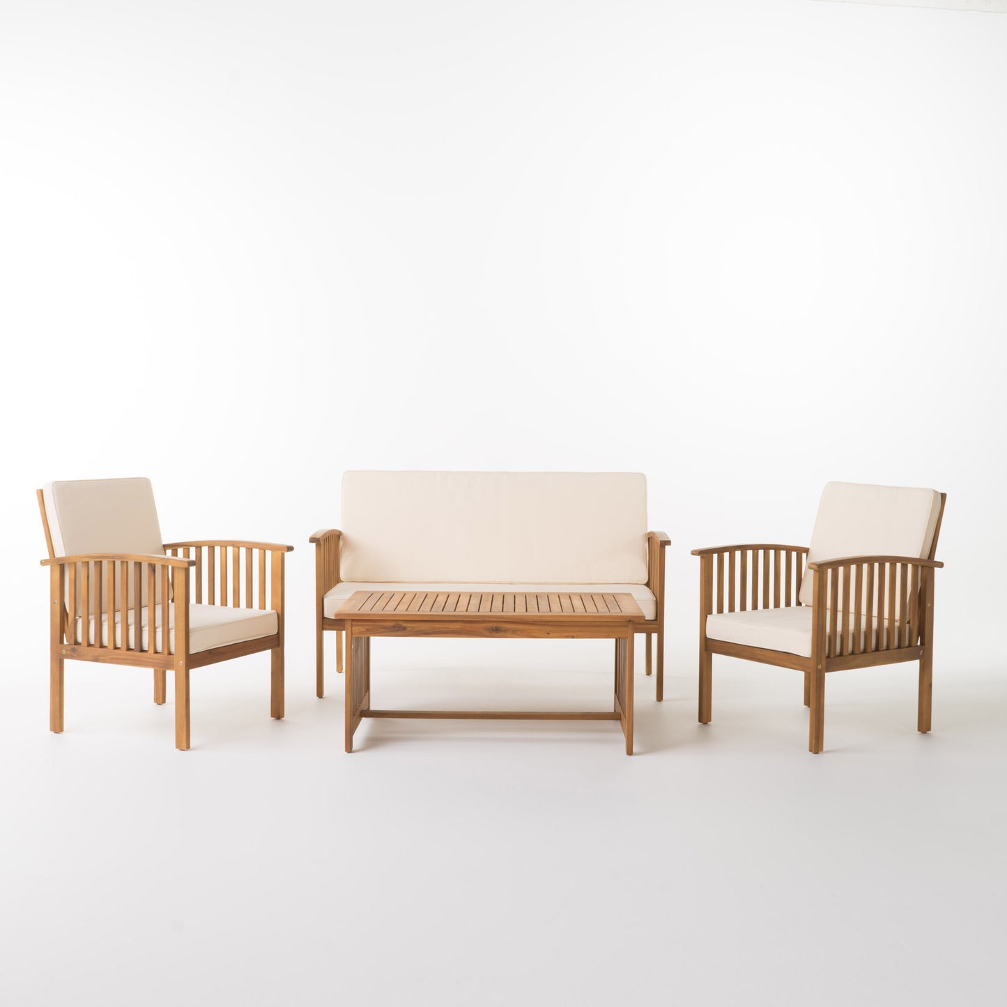 Fortune Candy 4 Pieces Indoor/Outdoor Acacia Wood Sofa Set with Cushions, Brown Conversation Furniture