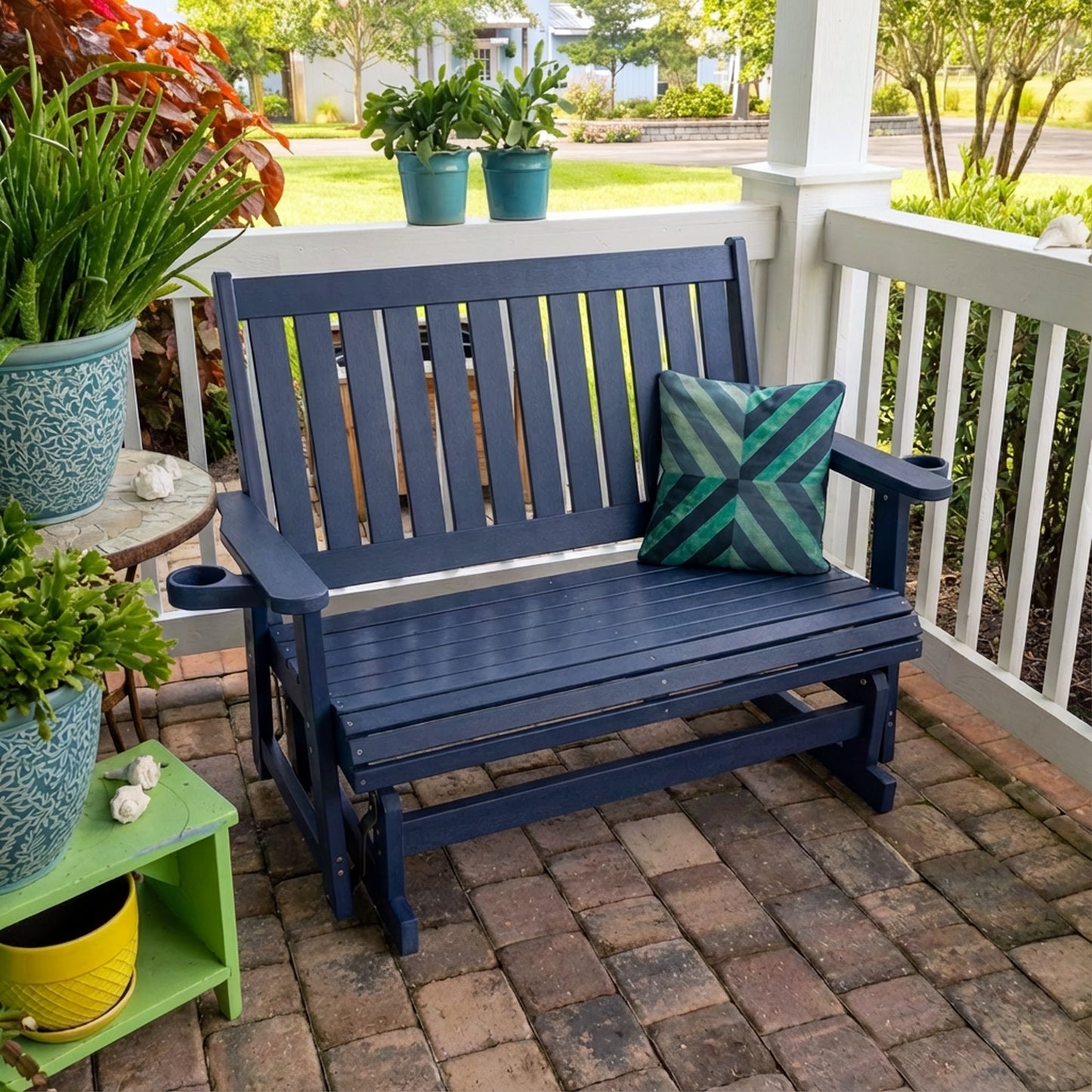 Fortune Candy Poly Lumber Patio Glider 2 Seater, High Backrest, Cup Holders, for Outdoor Garden, Yard, or Deck (Navy Blue)