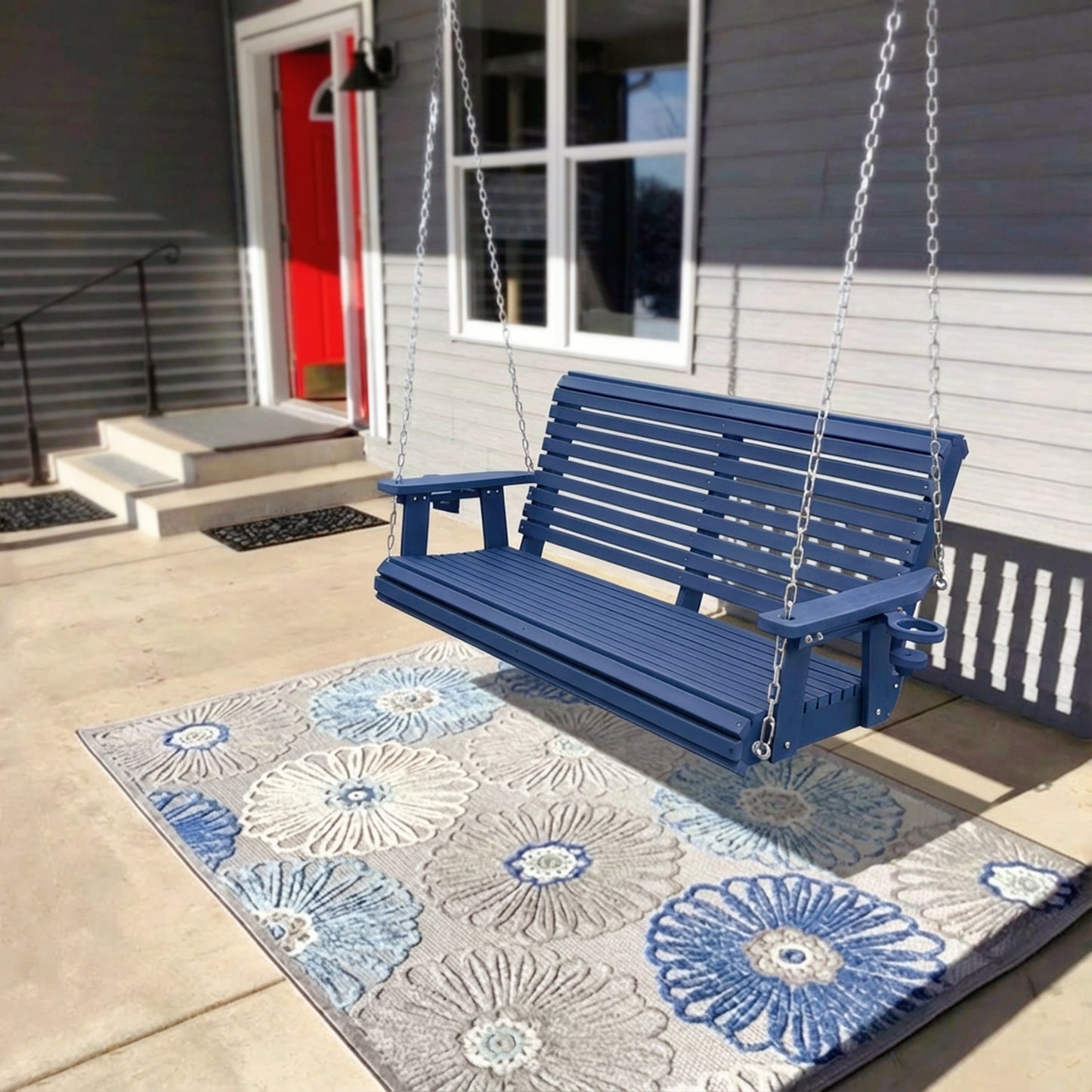 Fortune Candy 47.6 in. HDPE Porch Swing with Hanging Chains, Weather-Resistant Outdoor Swing for Patio, Garden, Yard (Navy Blue)