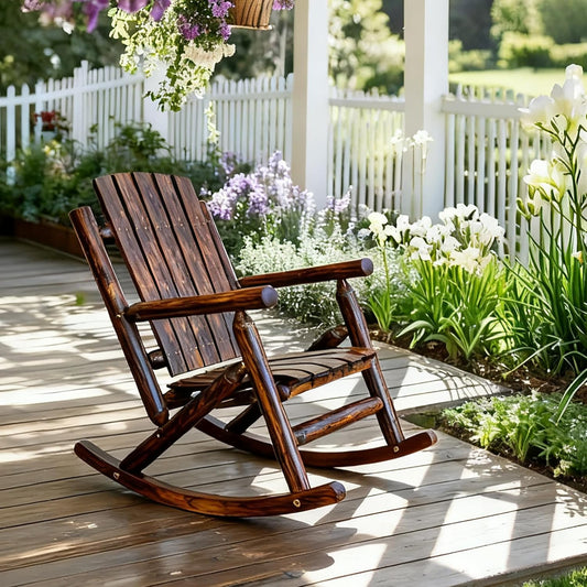 Fortune Candy 32.4 in. Rustic Log Handcrafted Solid Fir Wood, 1 Person, 700 lb Capacity, Slat Back Outdoor Rocking Chair, Brown