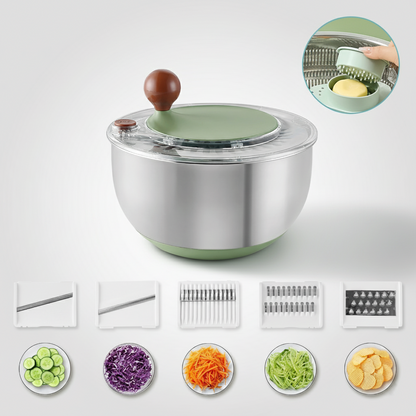 Fortune Candy 5.3 Qt Stainless Steel Salad Spinner, 7-in-1 Vegetable Washer, Cutter & Chopper with 5 Blades
