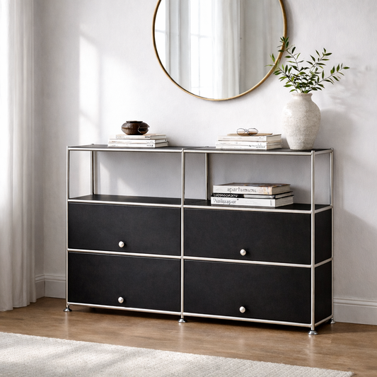 Fortune Candy 4-Door Modular Metal Sideboard with Open Shelf, Modern Twin-Row Grid Cabinet for Dining or Living Room, Office, Black