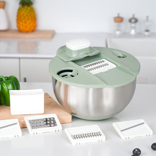Fortune Candy 5.3 Qt Stainless Steel Salad Spinner, 7-in-1 Vegetable Washer, Cutter & Chopper with 5 Blades