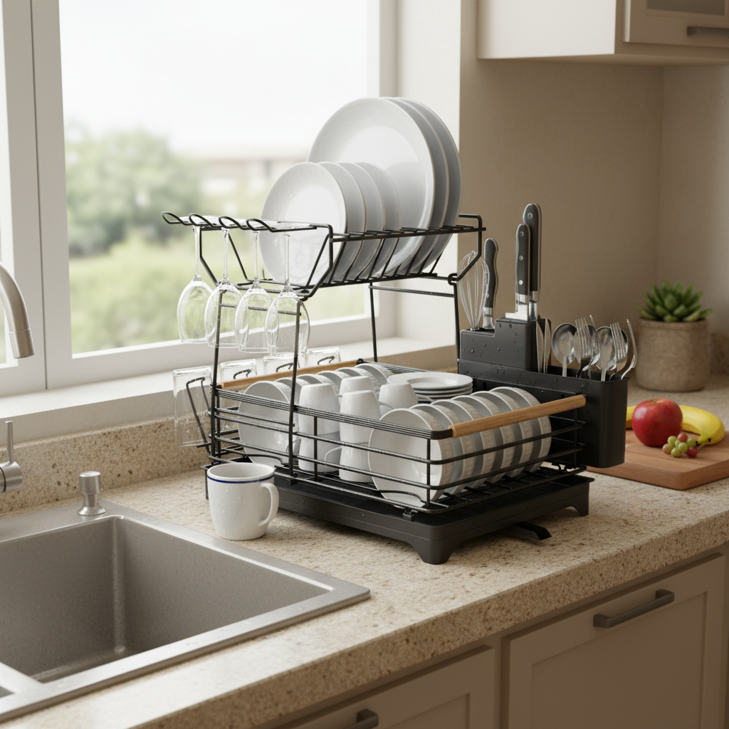 Fortune Candy 15.4'' Tall Dish Drying Rack with Bamboo Handle, 2-Tier Drying Rack for Apartments, Dorms, and Kitchens, Black