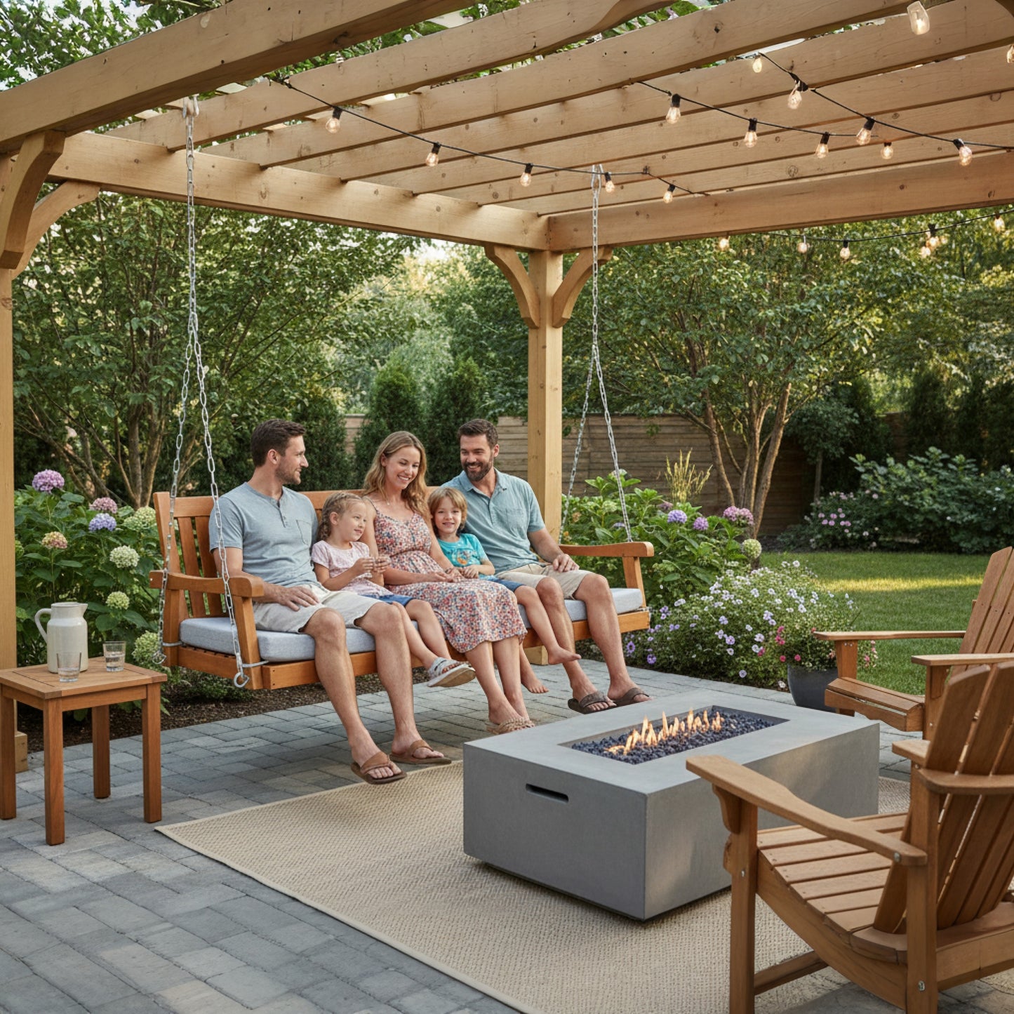 Fortune Candy 75.1 in. Solid Fir Wood Frame Porch Swing Bed with Thick Cushion-Outdoor Hanging Daybed, Teak, Heavy Duty 1000 LBS