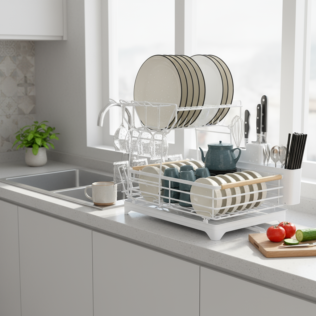Fortune Candy 15.4'' Tall Dish Drying Rack with Bamboo Handle, 2-Tier Drying Rack for Apartments, Dorms, and Kitchens, White