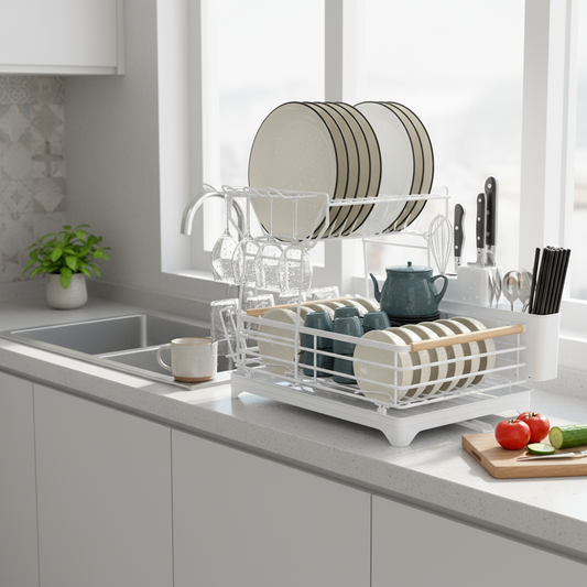 Fortune Candy 15.4'' Tall Dish Drying Rack with Bamboo Handle, 2-Tier Drying Rack for Apartments, Dorms, and Kitchens, White