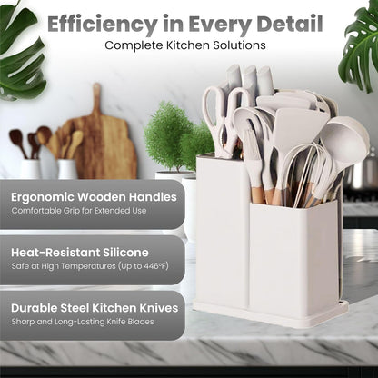 Fortune Candy 19pc Kitchen Utensil Set, Includes Tongs, Ladle, Scissors, Knives and Cutting Board (Beige)