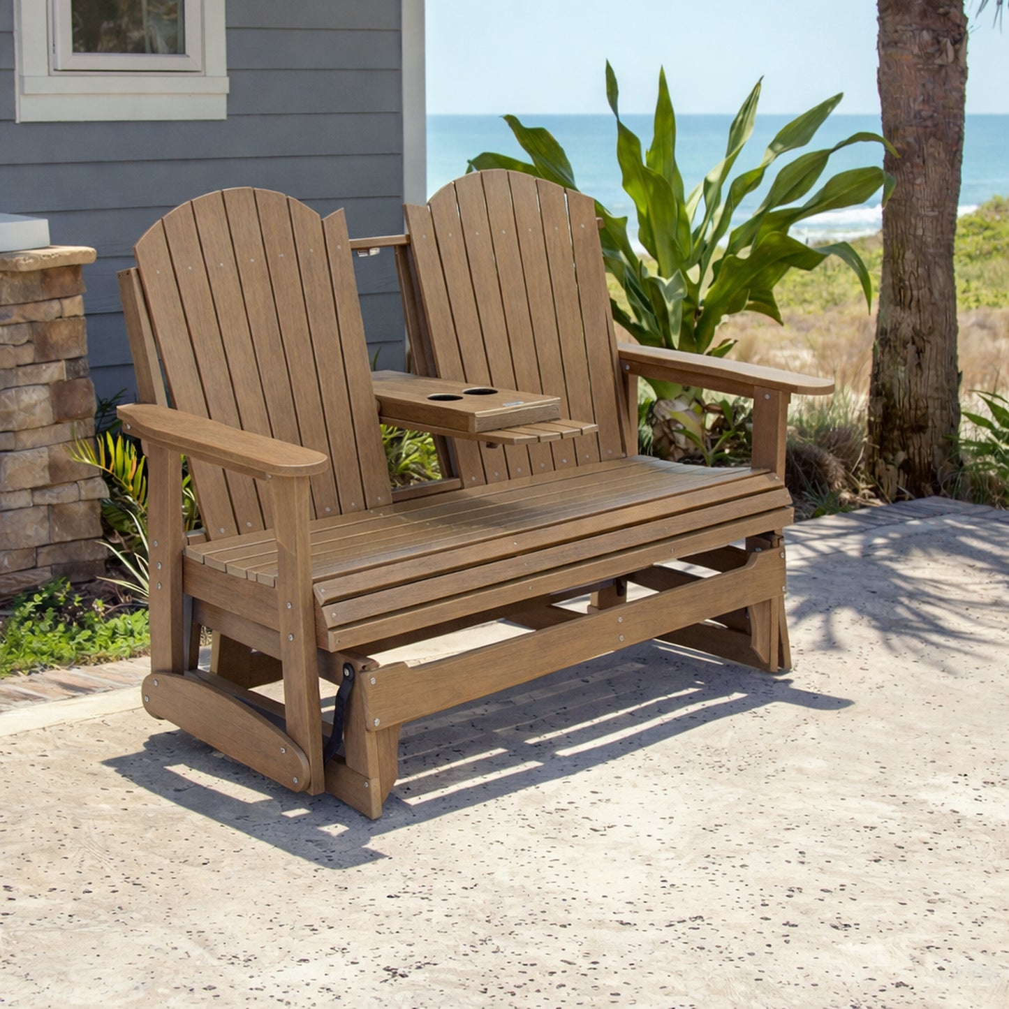 Fortune Candy 67.5 in Poly Lumber Plastic Patio Glider with Cup Holders, Brown, High Backrest and 900 lbs Weight Capacity, 3-Person