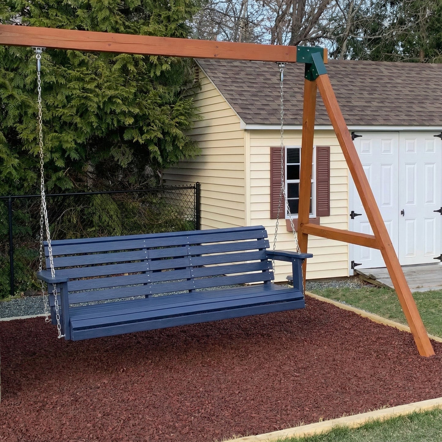 Poly Lumber 3-Seat Porch Swing, HIPS 5-Feet Bench Swing with Foldable Cup Holders,18/8 Stainless Steel Hardware, High Backrest and Deep Contoured Seat (Navy Blue, 5-feet)