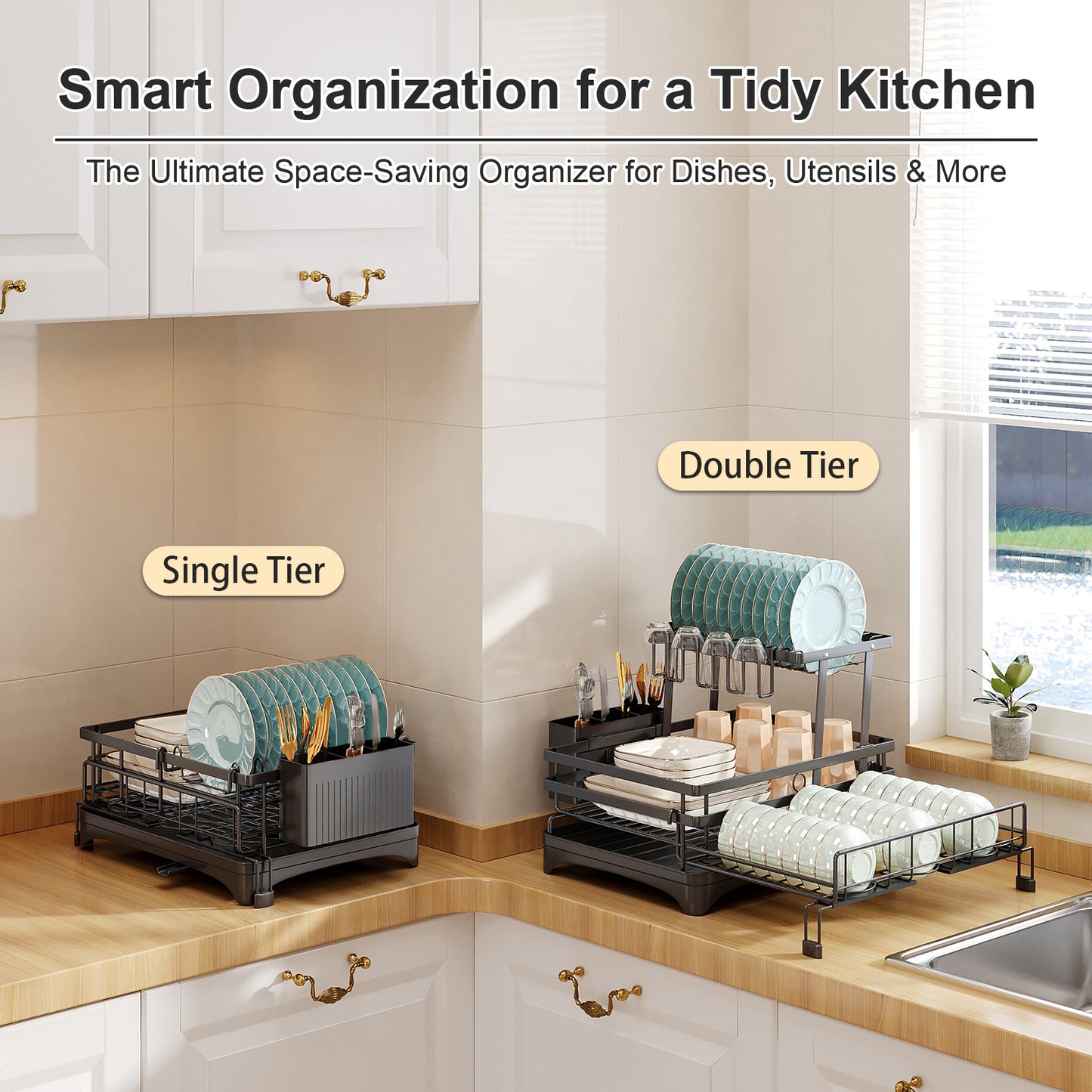 Frotune Candy 2 Tier Extendable Dish Drying Rack, 2-in-1 Dishrack for Kitchen Counter and Sink, Black