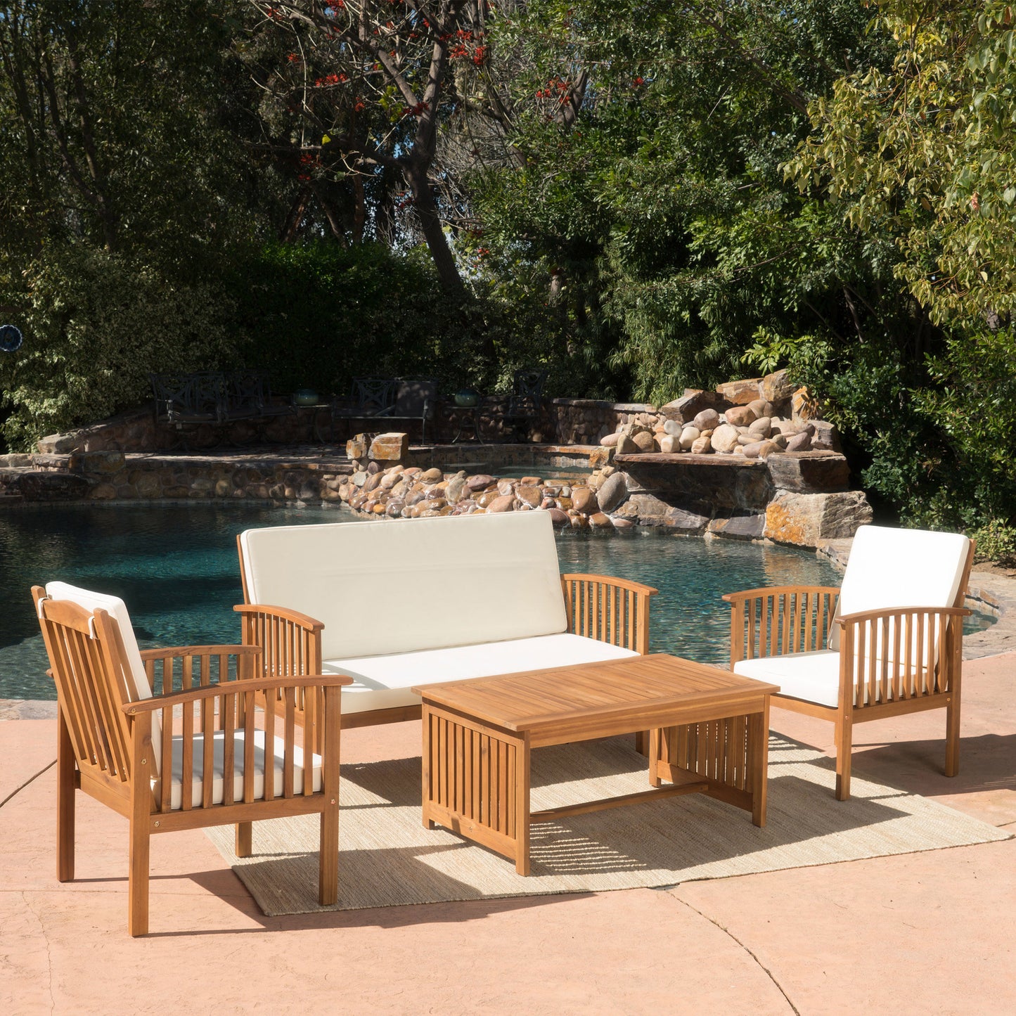 Fortune Candy 4 Pieces Indoor/Outdoor Acacia Wood Sofa Set with Cushions, Brown Conversation Furniture