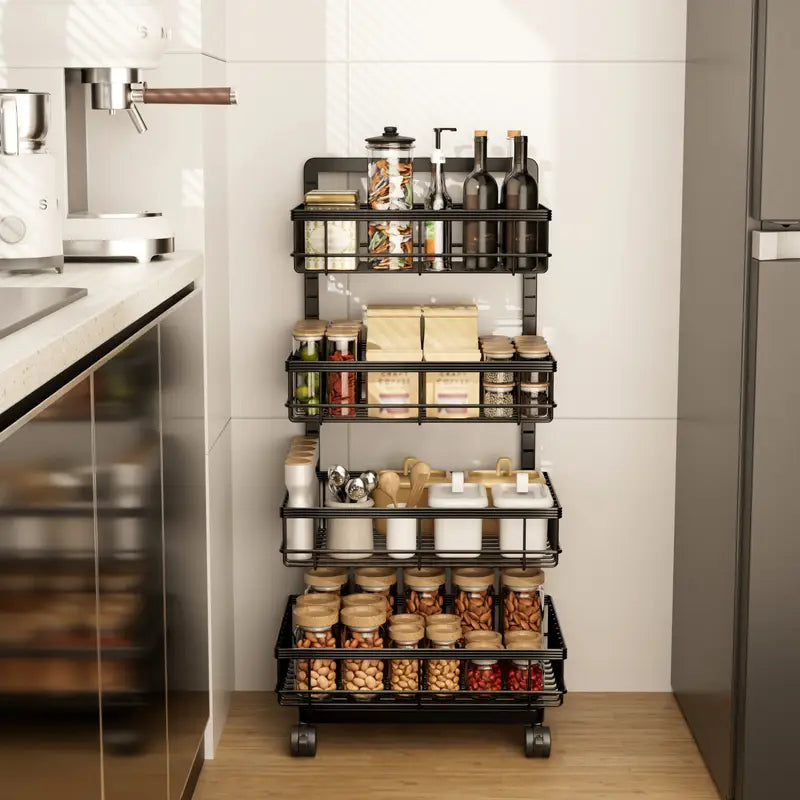 Fortune Candy Adjustable 4-Tier Metal Storage Cart with Wheels, Lockable Rolling Organizer for Kitchen, Pantry, Bathroom, or Office