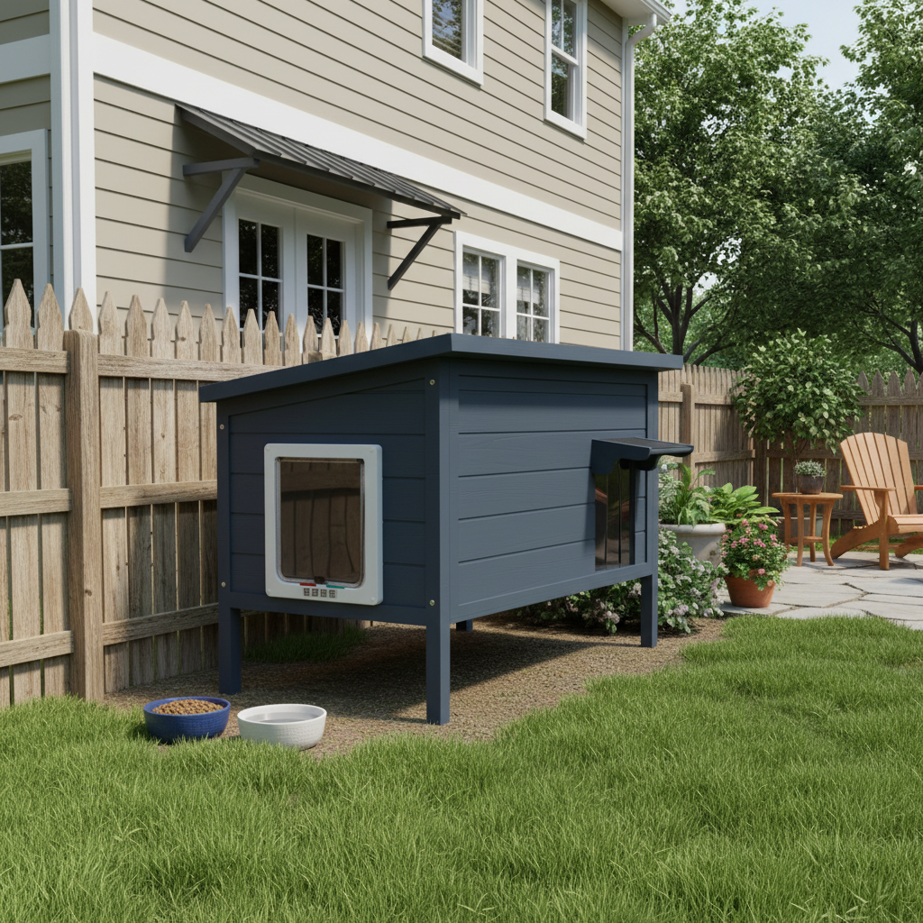 Fortune Candy 34.25'' Wooden Indoor-Outdoor Insulated Cat House with Raised Base, Spacious Indoor Area for All-Season Use, Navy Blue