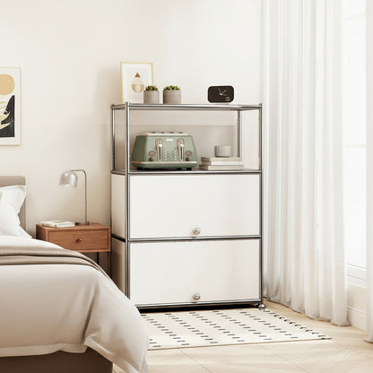 Fortune Candy 3 Tier Modular Metal Storage Cabinet, Modern Grid-Style Organizer for Dining Room, Living Room or Office, White
