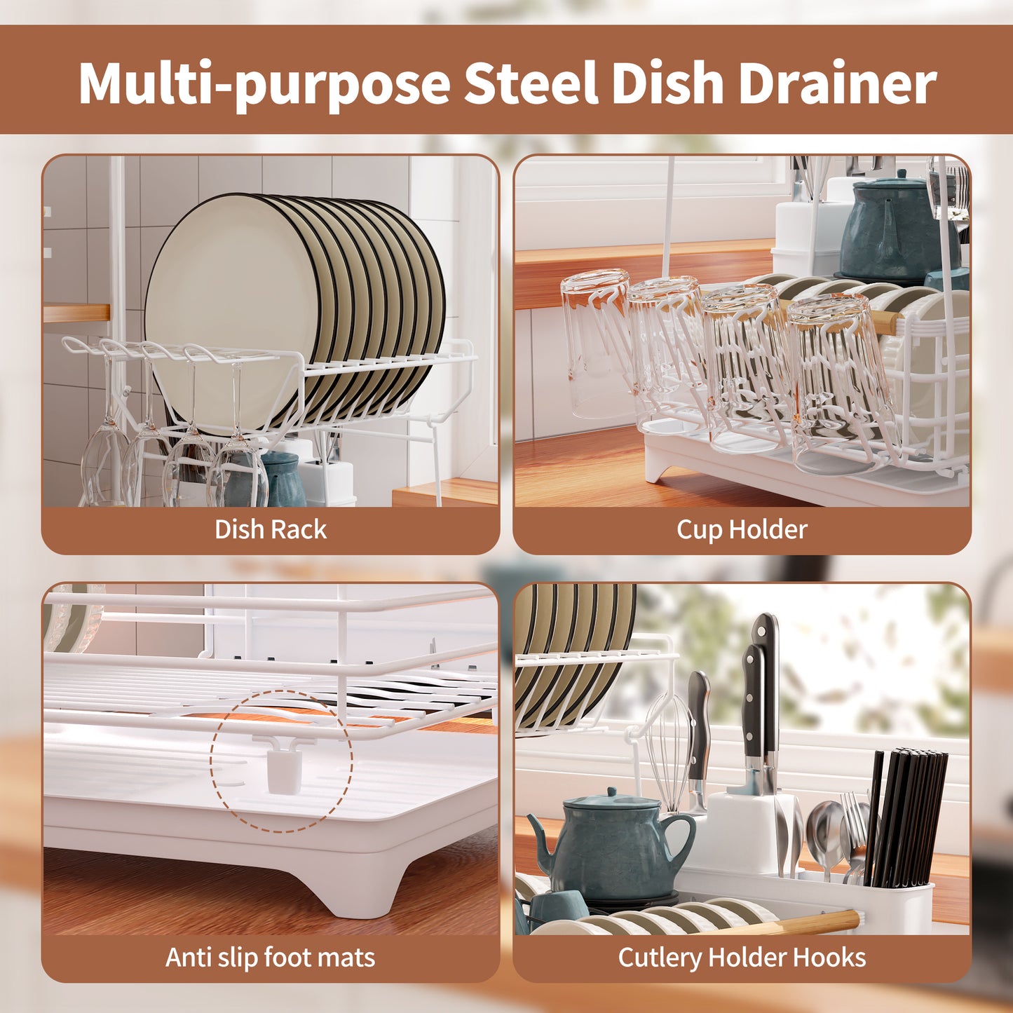 Fortune Candy 15.4'' Tall Dish Drying Rack with Bamboo Handle, 2-Tier Drying Rack for Apartments, Dorms, and Kitchens, White