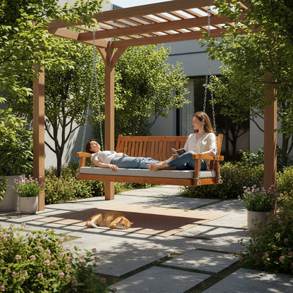 Fortune Candy 75.1 in. Solid Fir Wood Frame Porch Swing Bed with Thick Cushion-Outdoor Hanging Daybed, Teak, Heavy Duty 1000 LBS
